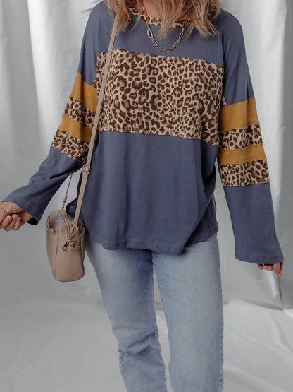 Trendsi Leopard Color Block Long Sleeve Drop Shoulder Top