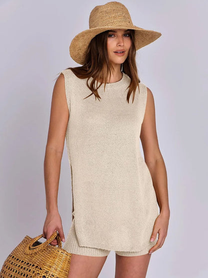 Side Slit Round Neck Tank and Ribbed Shorts Sweater Set Easy Apparels