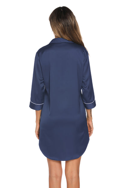 Button Up Collared Neck Night Dress with Pocket Easy Apparels