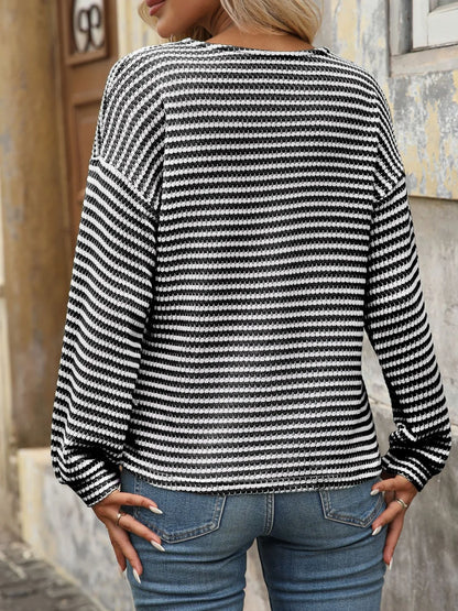 Trendsi Striped V-Neck Button Front Casual Top