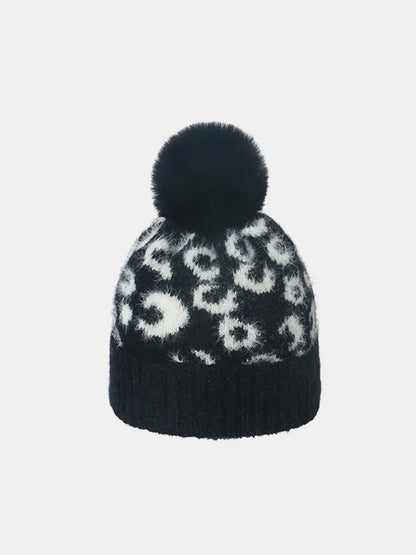 Leopard Hat with Pompom Black One Size Easy Apparels