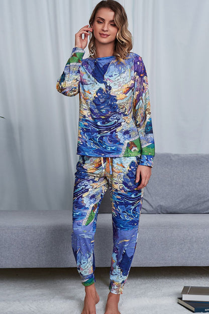 Shiny Tie-Dye Crewneck Top and Drawstring Waist Joggers Lounge Set Blue Easy Apparels