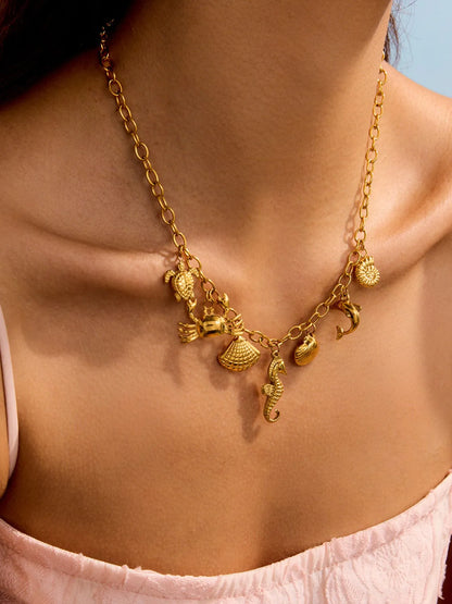 18K Gold-Plated Stainless Steel Ocean Theme Necklace Gold One Size Easy Apparels