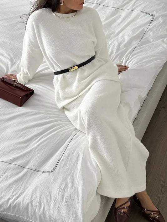 Round Neck Dropped Shoulder Top and Midi Skirt Sweater Set White One Size Easy Apparels