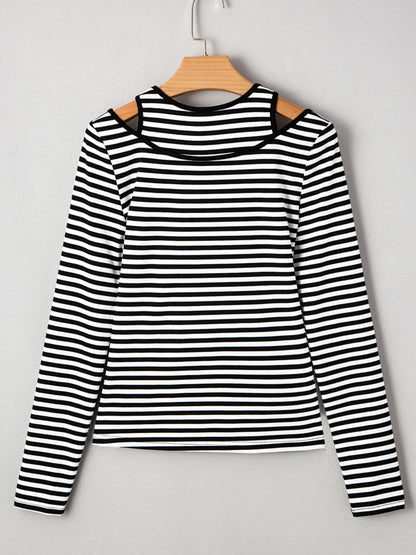 Trendsi Stripe Double-layer Cold Shoulder Long Sleeve Top