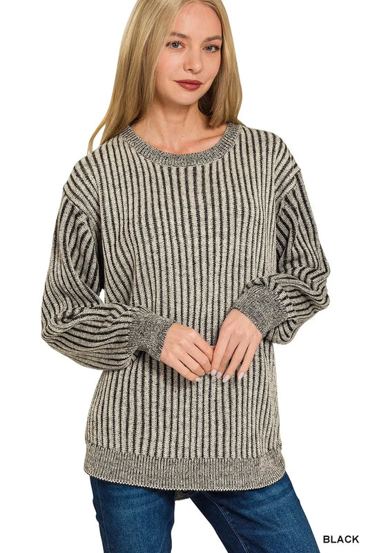 Trendsi Zenana Curved Hem Two-Tone Ribbed Sweater BLACK