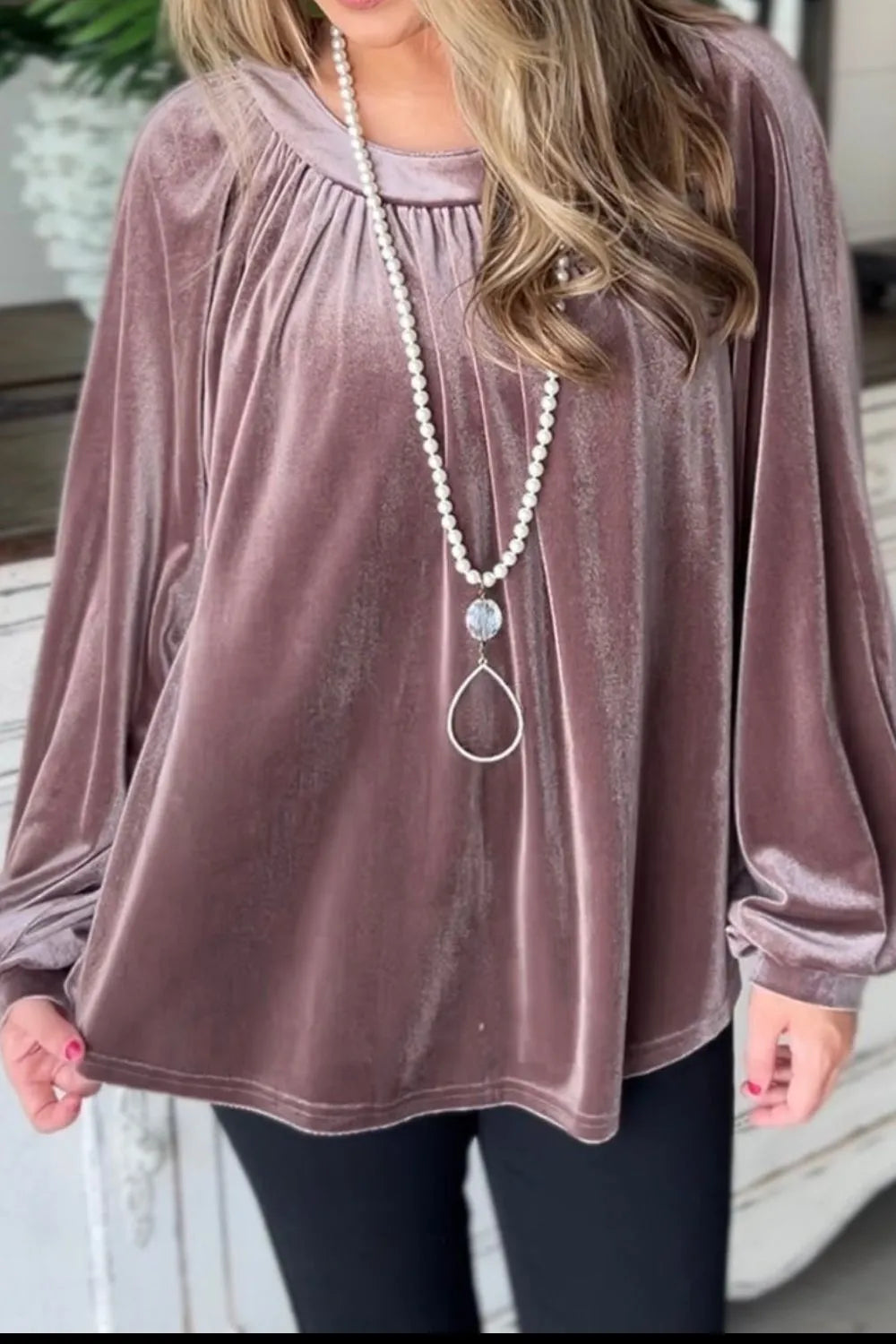 Trendsi Ruched Round Neck Raglan Sleeve Blouse