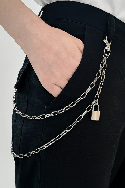 Double Layered Iron Chain Belt with Lock Charm Silver One Size Easy Apparels