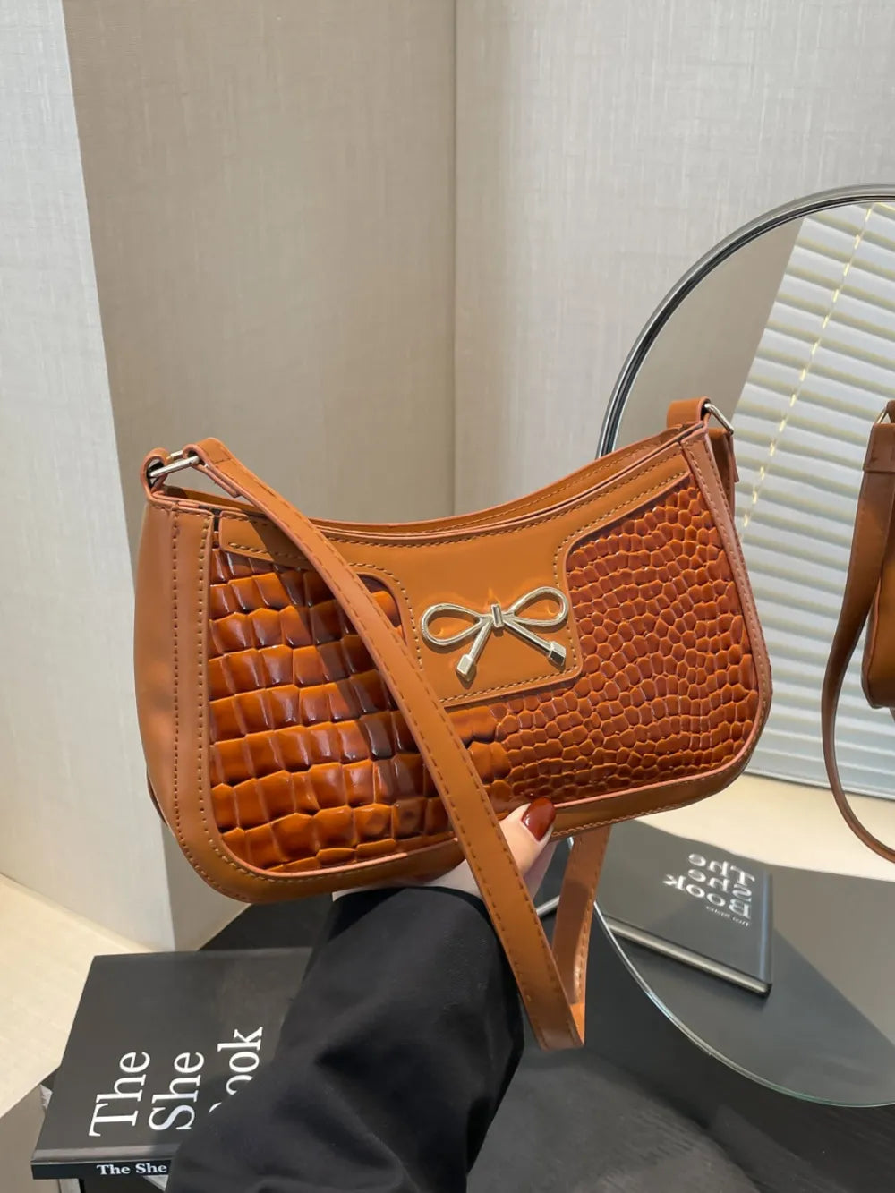 Crocodile Pattern Shoulder Bag with Bow Detail Pumpkin One Size Easy Apparels
