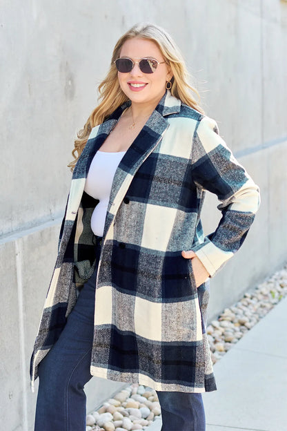 Double Take Full Size Plaid Button Up Lapel Collar Coat Easy Apparels