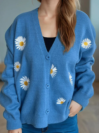 Daisy Button Up V-Neck Cardigan Sky Blue One Size Easy Apparels