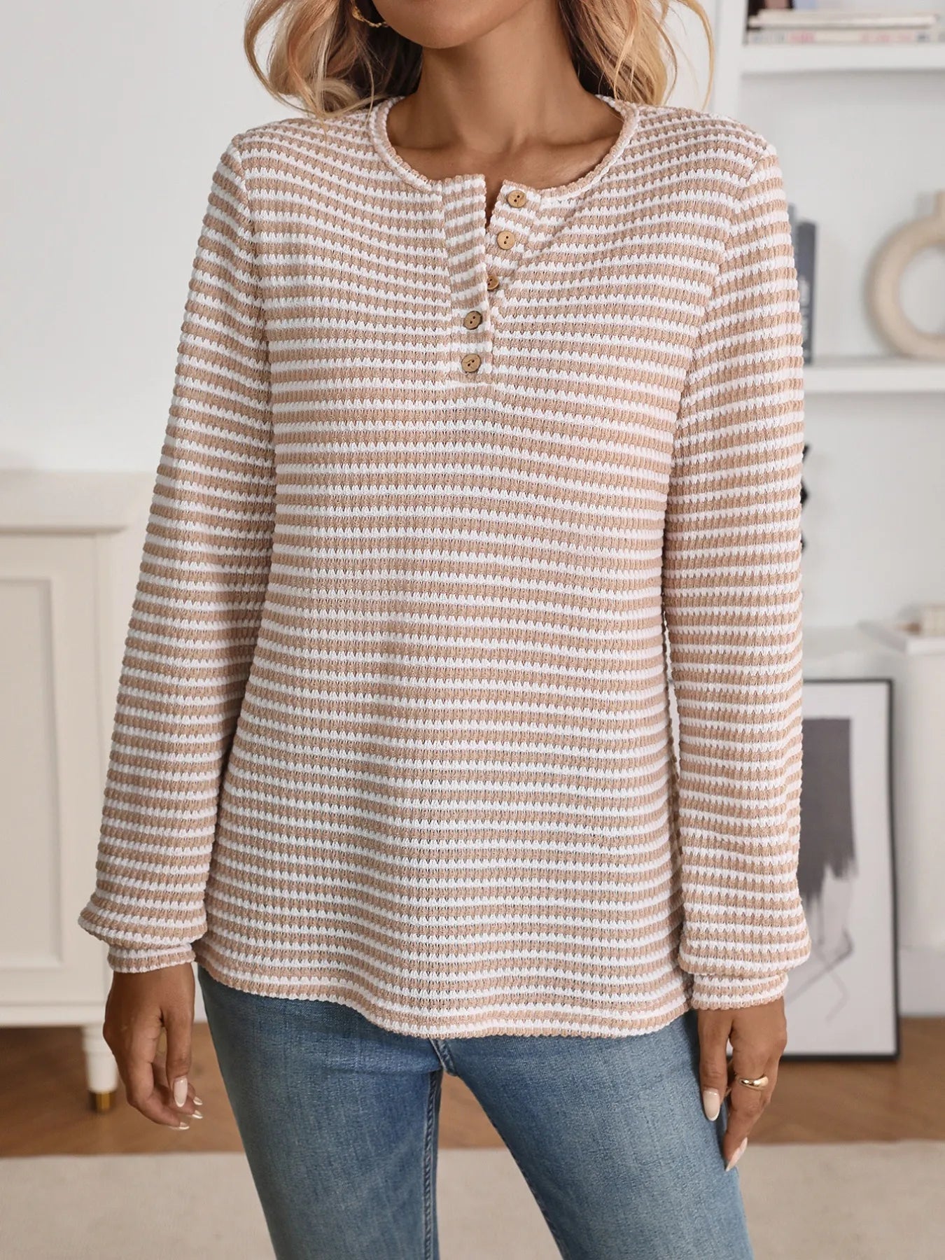 Trendsi Striped Button Detail Long Sleeve Top
