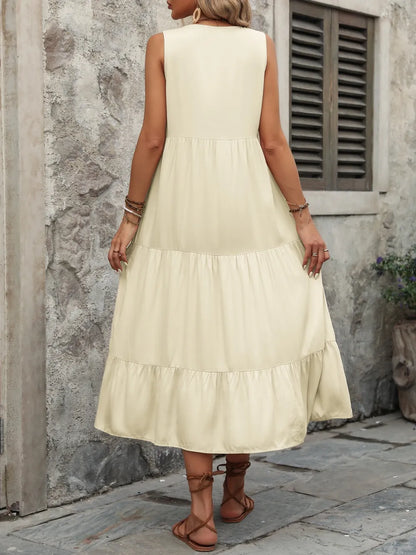 Ivy Lane Decorative Button Notched Sleeveless Dress Easy Apparels