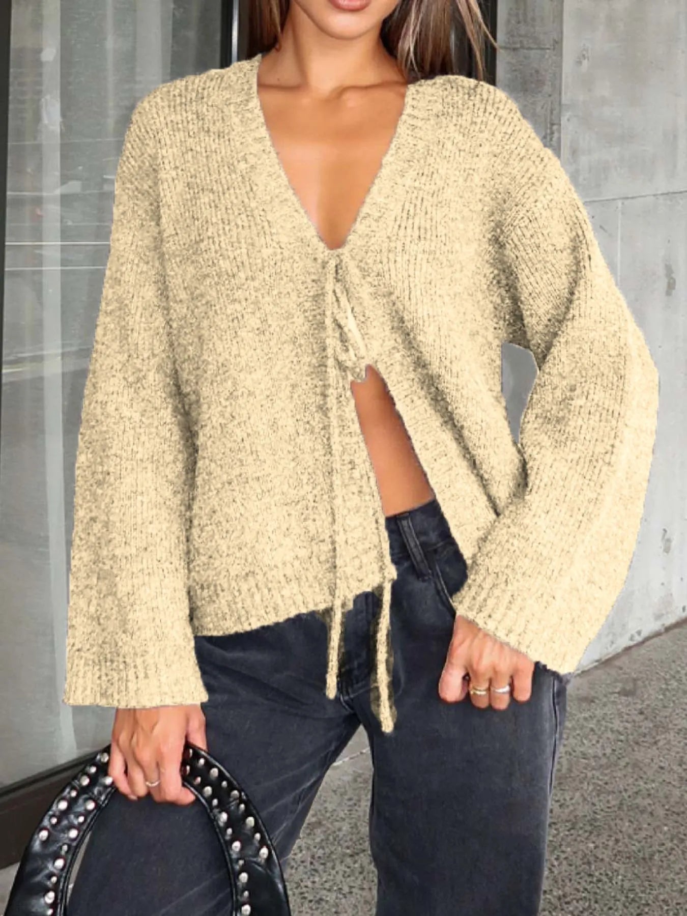Open Front Tied Sweater Cardigan Pastel Yellow Easy Apparels