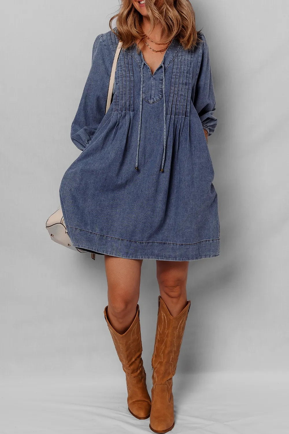 Tie Neck Long Sleeve Mini Denim Dress Easy Apparels