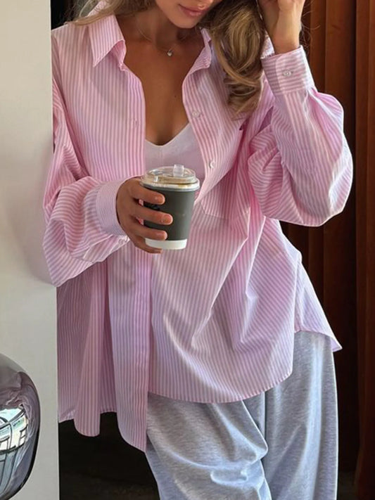 Trendsi Collared Neck Long Sleeve Striped Button-Up Shirt Pink