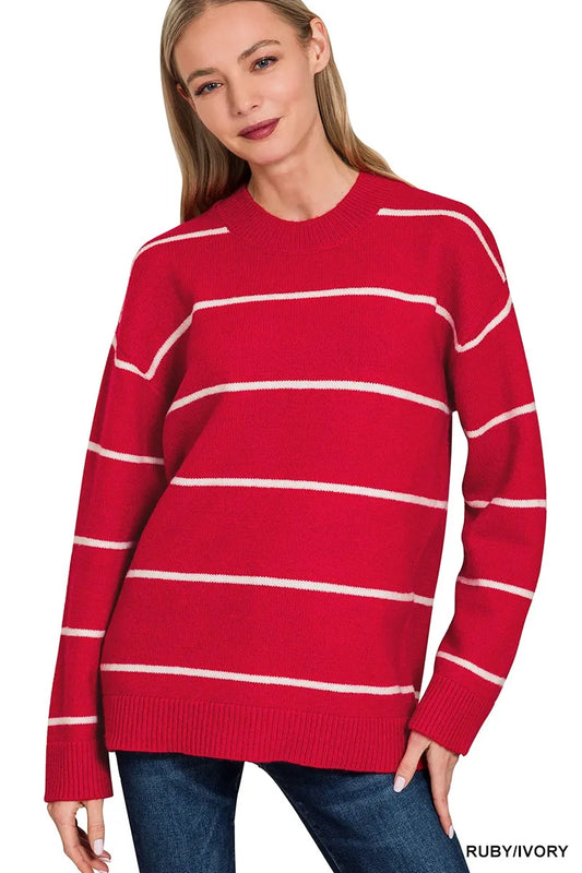 Trendsi Zenana Round Neck Stripe Sweater RUBY IVORY