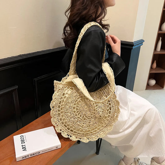 Woven Straw Shoulder Bag Beige onesize Easy Apparels