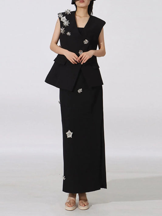 Flower Sleeveless Vest and Skirt Set Black Easy Apparels