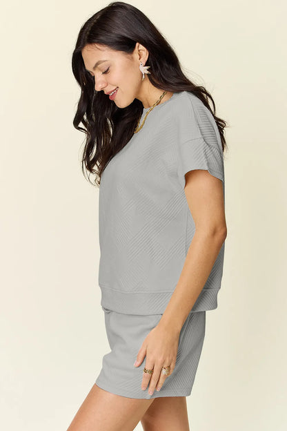 Double Take Full Size Texture Short Sleeve T-Shirt and Drawstring Shorts Set Easy Apparels