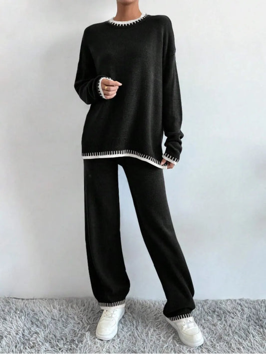 Side Slit Contrast Trim Round Neck Top and Pants Sweater Set Black Easy Apparels