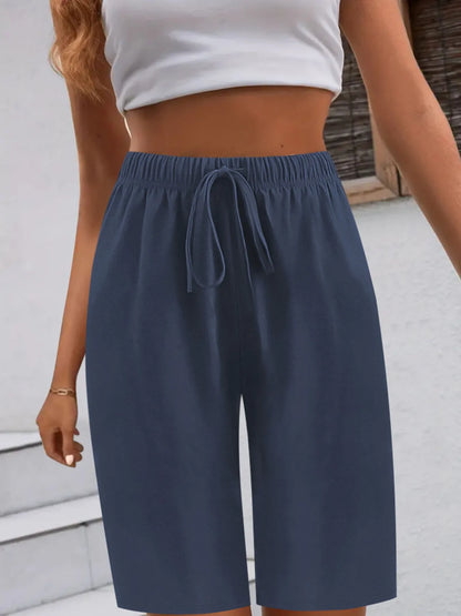 Casual Drawstring Wide Leg Shorts Navy Easy Apparels