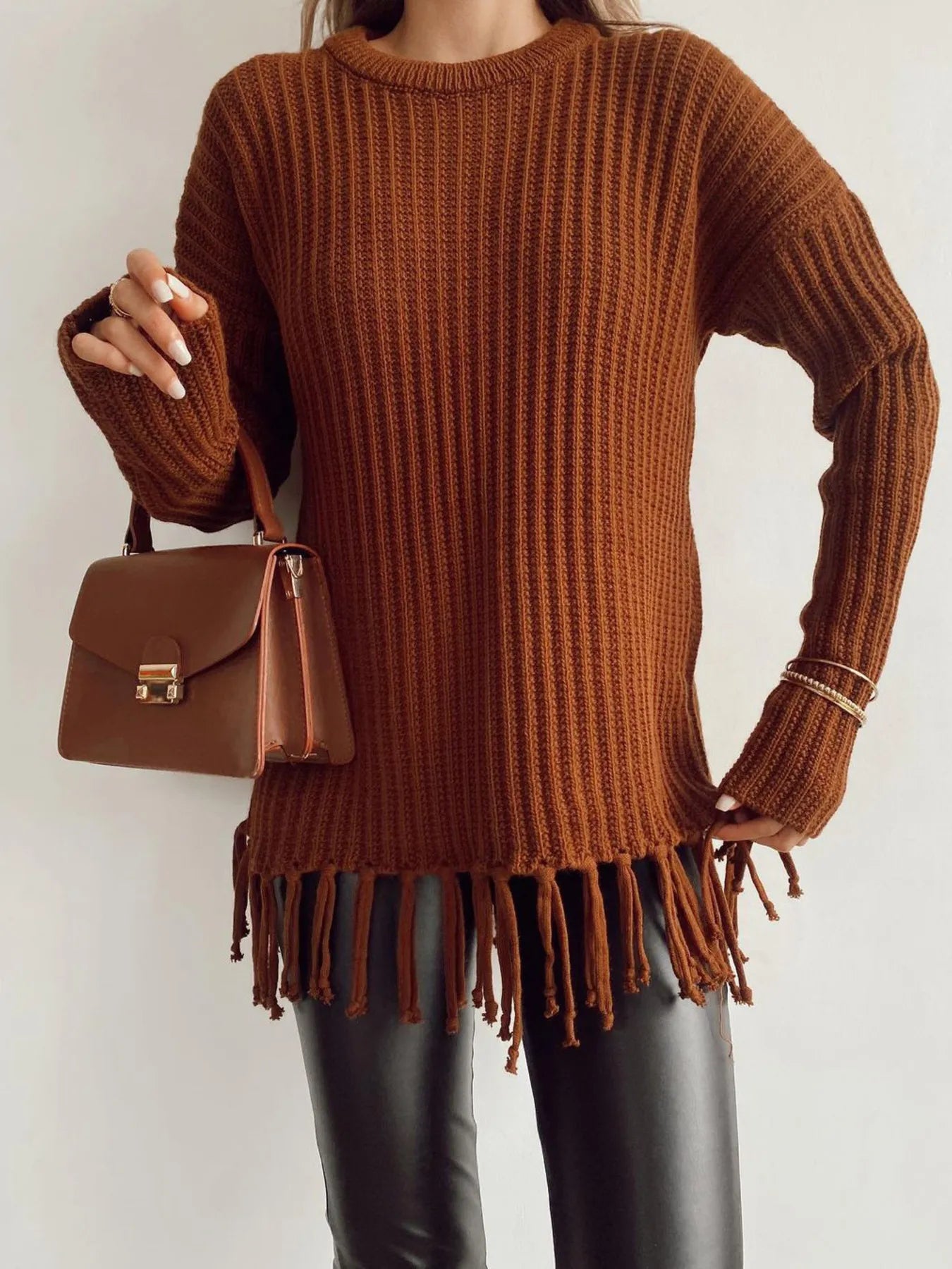 Trendsi Fringe Round Neck Long Sleeve Sweater