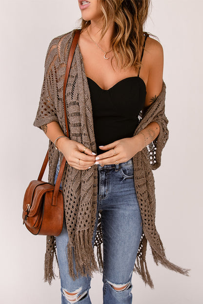 Fringe Hem Slit Open Front Cardigan Mocha One Size Easy Apparels