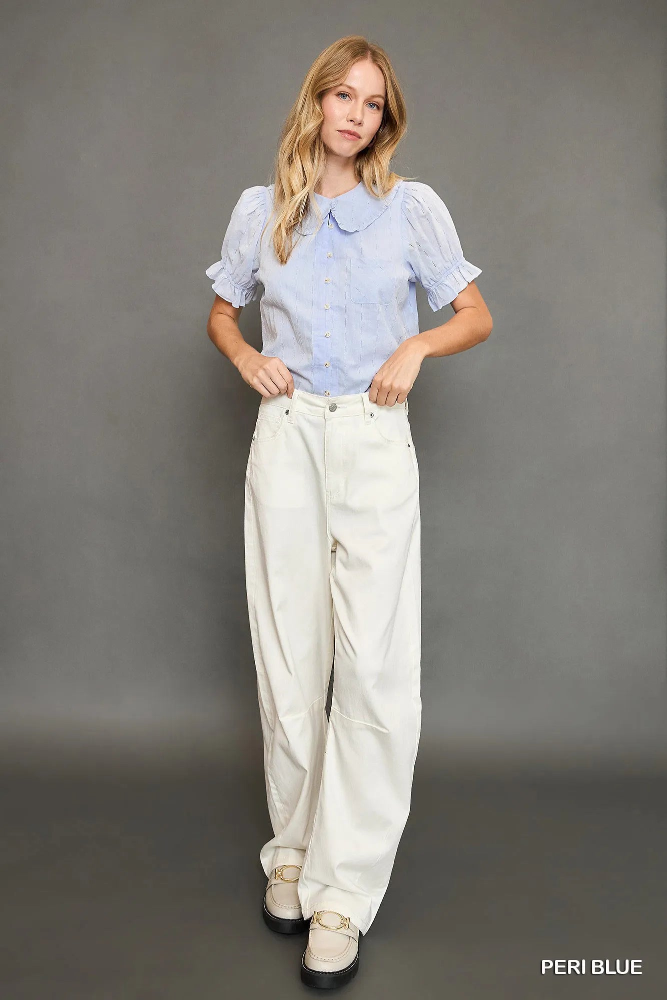 Trendsi Umgee Peter Pan Collared Button Down Textured Shirt with Ruffled Detail