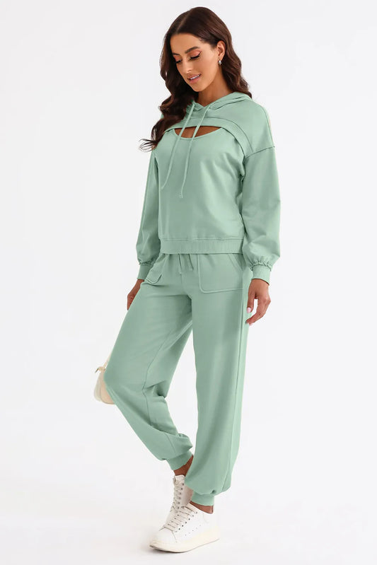 Cutout Drawstring Hoodie and Joggers Active Set Light Green Easy Apparels