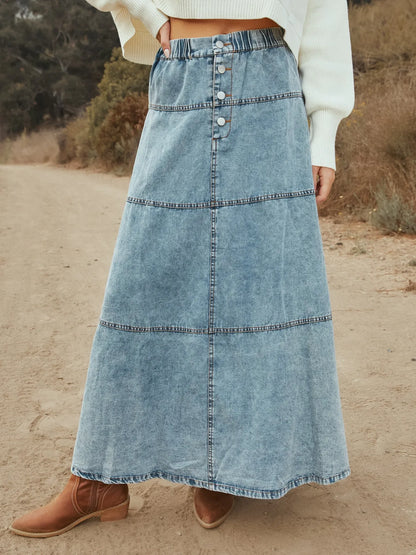 Button-Front Tiered Maxi Denim Skirt Snow Color Easy Apparels