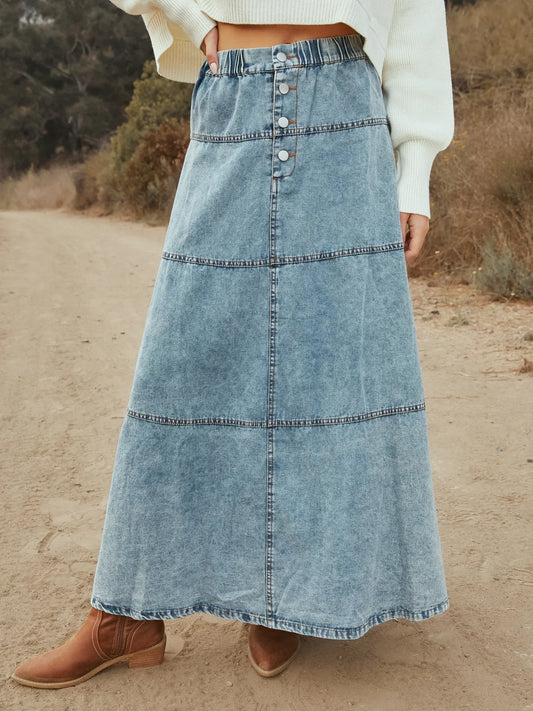 Button-Front Tiered Maxi Denim Skirt Snow Color Easy Apparels