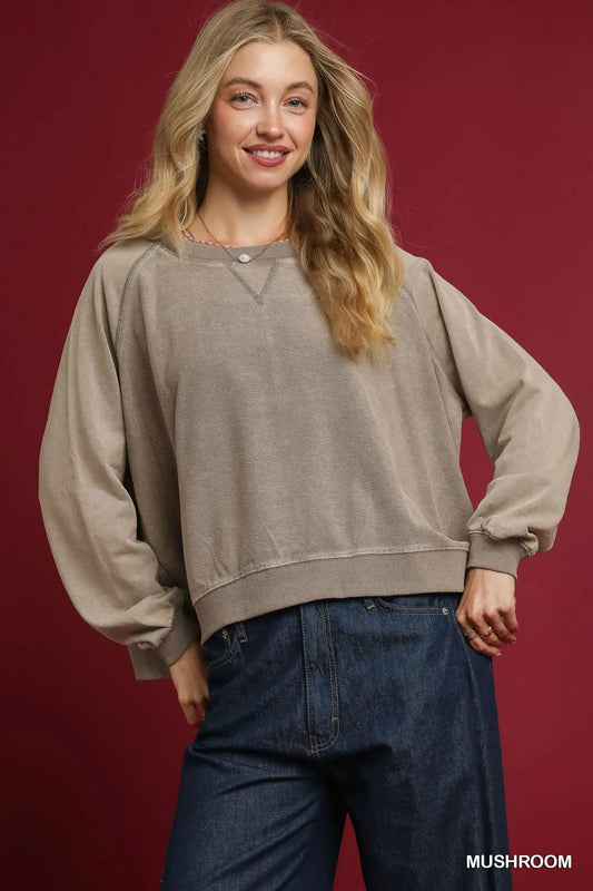 Trendsi Umgee Mineral Wash French Terry Sweatshirt MUSHROOM