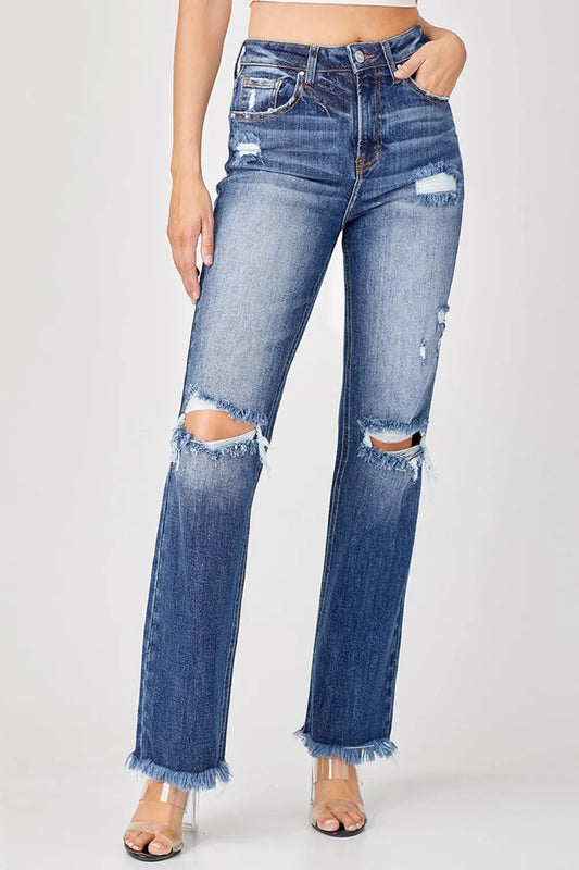Risen Full Size Raw Hem Distressed Straight Jeans Deep Blue Easy Apparels