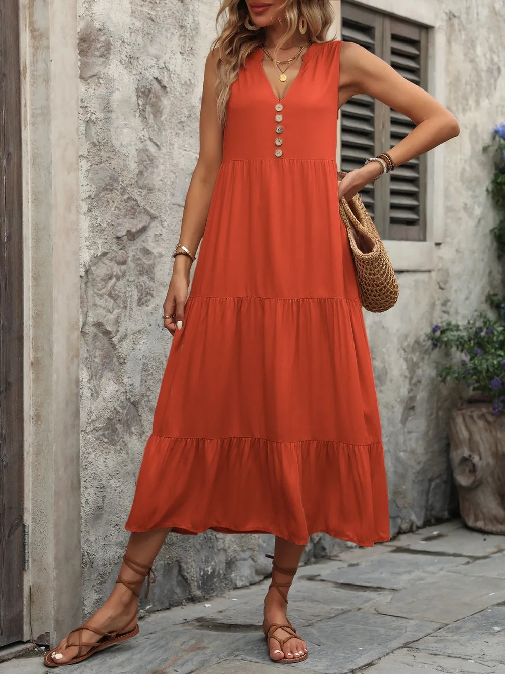 Ivy Lane Decorative Button Notched Sleeveless Dress Easy Apparels