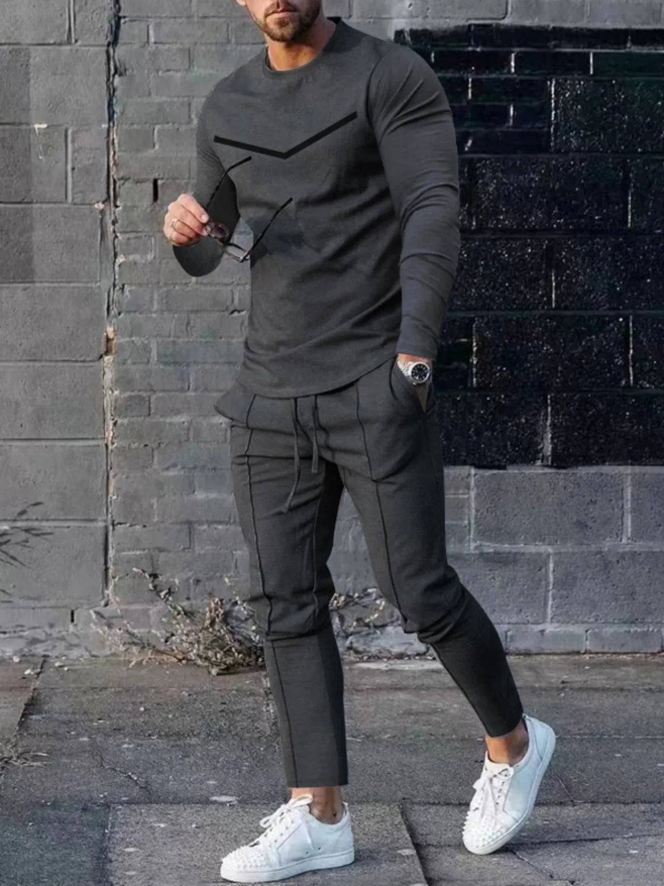 Men's Plus Size Round Neck Long Sleeve Top and Pants Set Dark Gray Easy Apparels