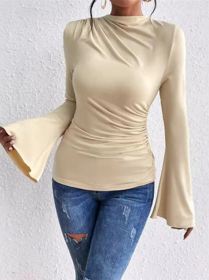 Trendsi Bell Sleeve Ruched Fitted T-Shirt with Mock Neck Beige