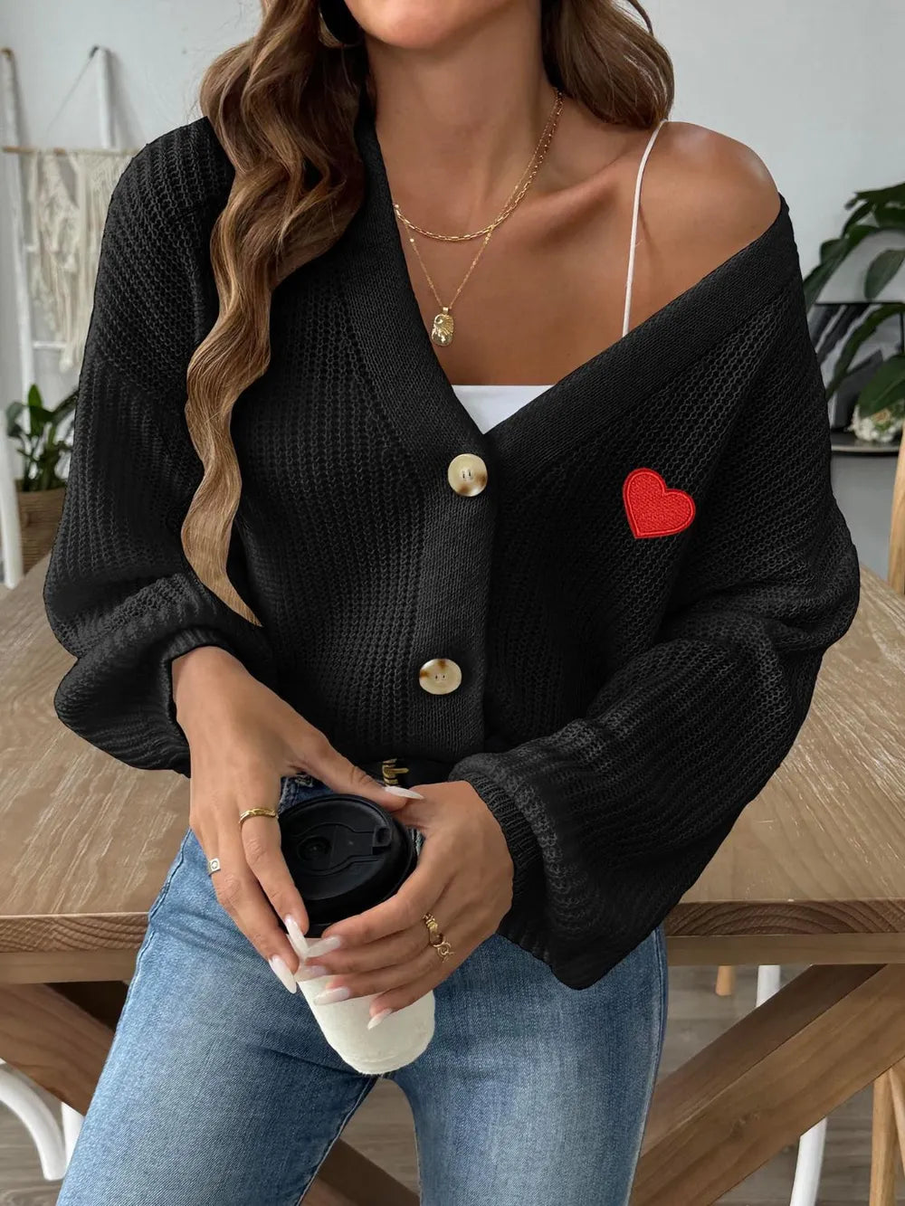 Heart Button Down V-Neck Long Sleeve Cardigan Easy Apparels