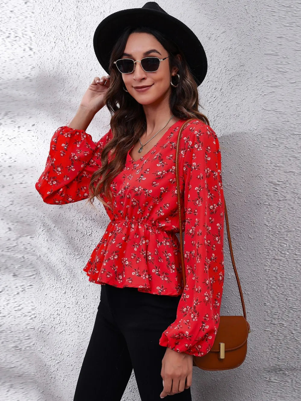 Trendsi Floral V-Neck Balloon Sleeve Peplum Blouse
