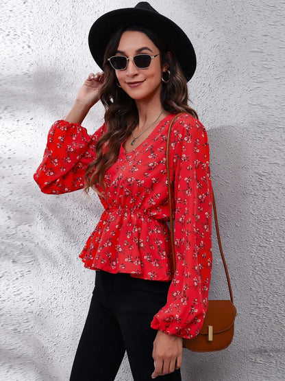 Trendsi Floral V-Neck Balloon Sleeve Peplum Blouse