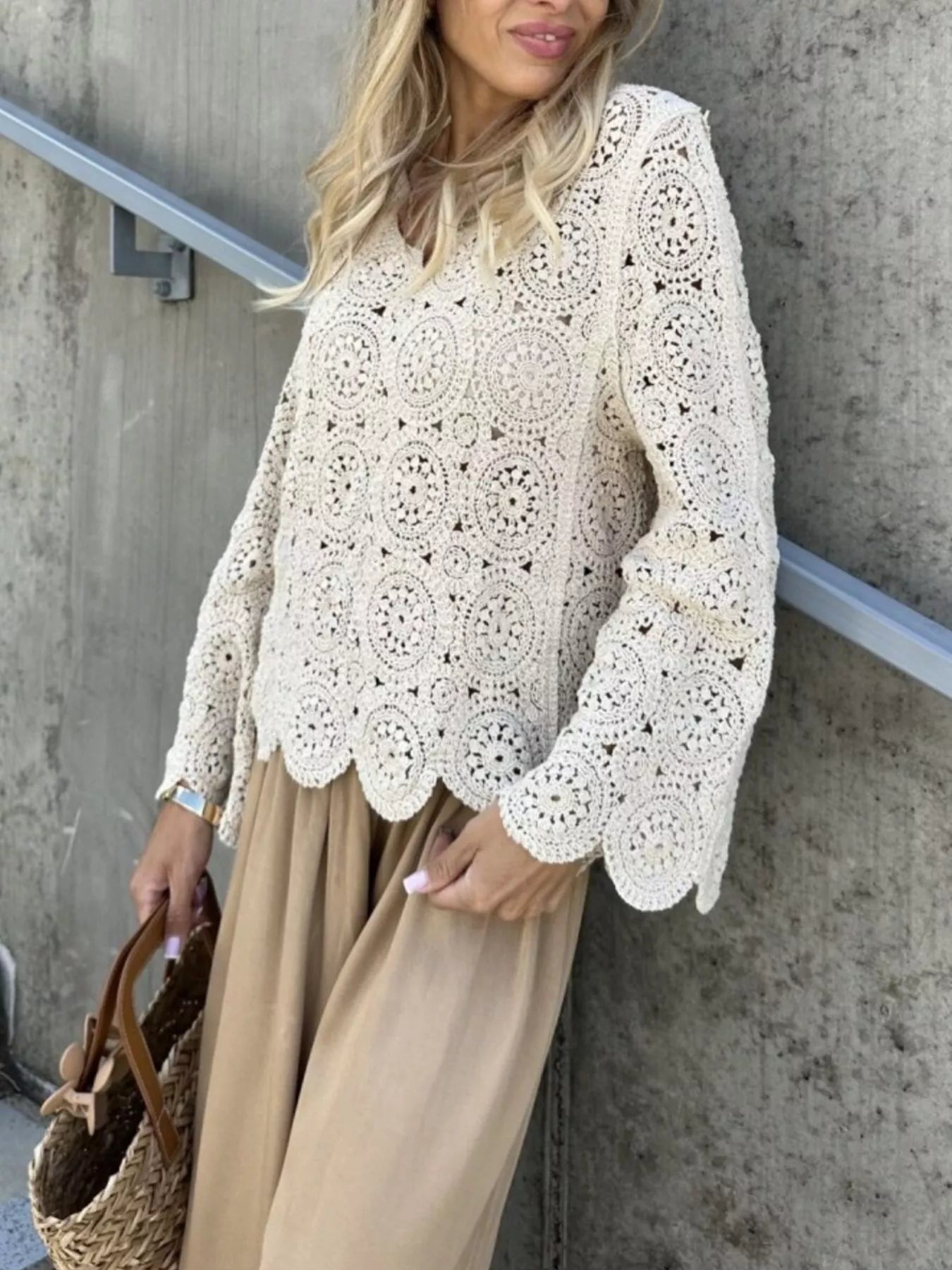 Trendsi Crochet Lace V-Neck Bell Sleeve Knit Top