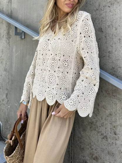Trendsi Crochet Lace V-Neck Bell Sleeve Knit Top