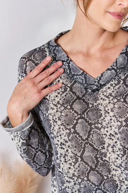 Trendsi Hailey & Co Full Size Snakeskin V-Neck Long Sleeve Top