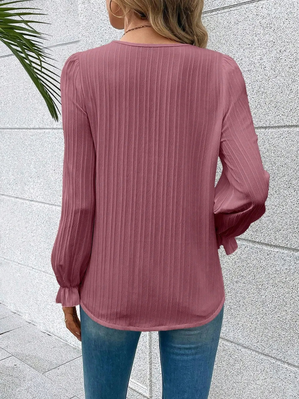 Trendsi V-Neck Lace Detail Flounce Sleeve Blouse