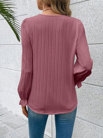 Trendsi V-Neck Lace Detail Flounce Sleeve Blouse