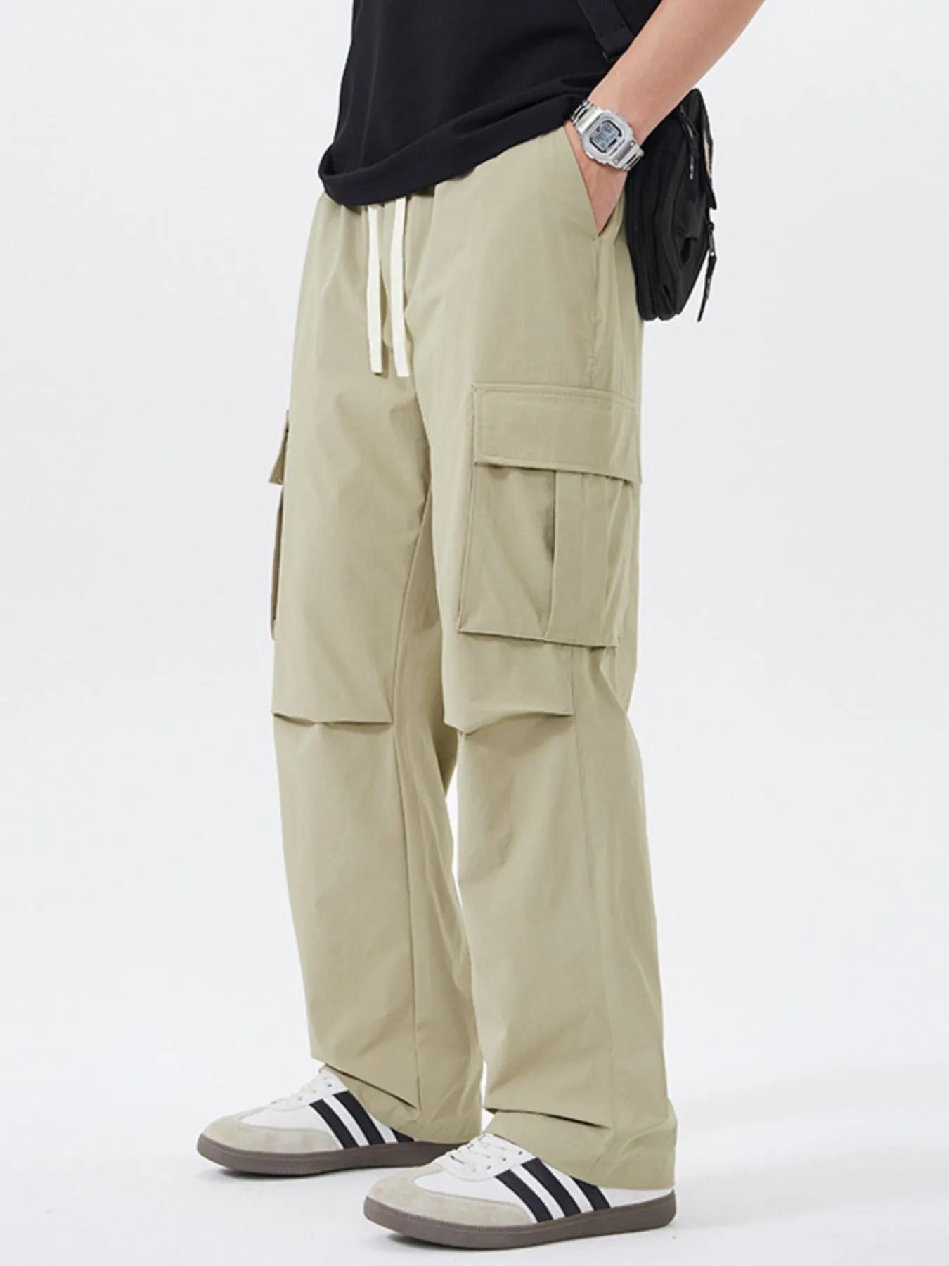 Men's Full Size Multi-Pocket Tactical Cargo Pants with Drawstring Waist Plus Size Khaki Easy Apparels