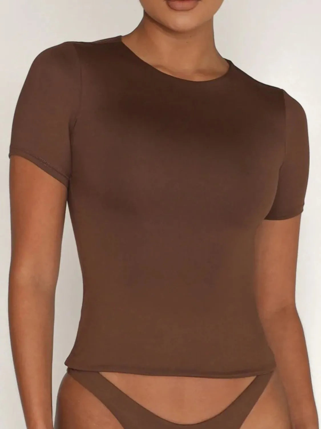 Round Neck Short Sleeve Swim Top Brown Easy Apparels