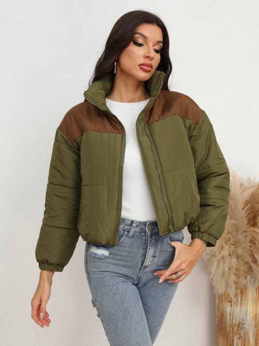 Two-Tone Zip-Up Puffer Jacket Army Green Easy Apparels