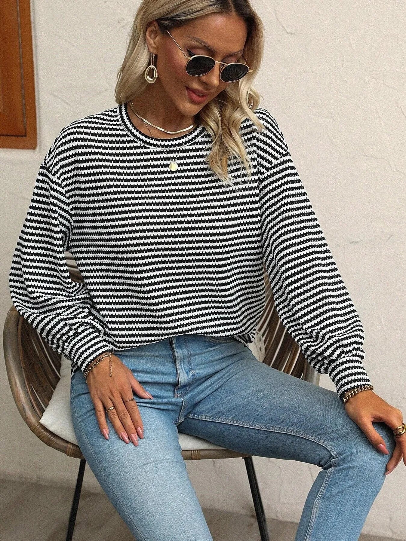 Trendsi Striped Round Neck Lantern Sleeve Top