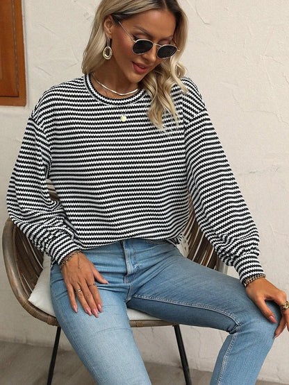 Trendsi Striped Round Neck Lantern Sleeve Top